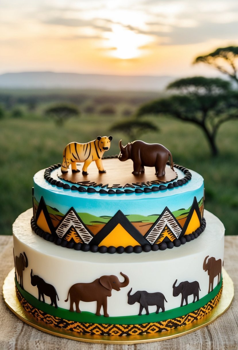 A chocolate cake with safari animals, tribal patterns, and Zimbabwean landscapes as decoration
