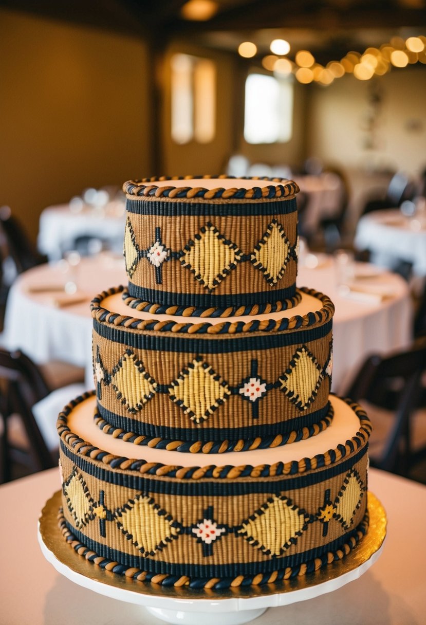 A tiered cake adorned with intricate Zimbabwean basket weave patterns in earthy tones, accented with traditional motifs and symbols