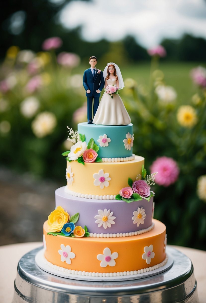 A whimsical wedding cake with colorful tiers, adorned with hand-painted flowers, and topped with a miniature bride and groom figurine