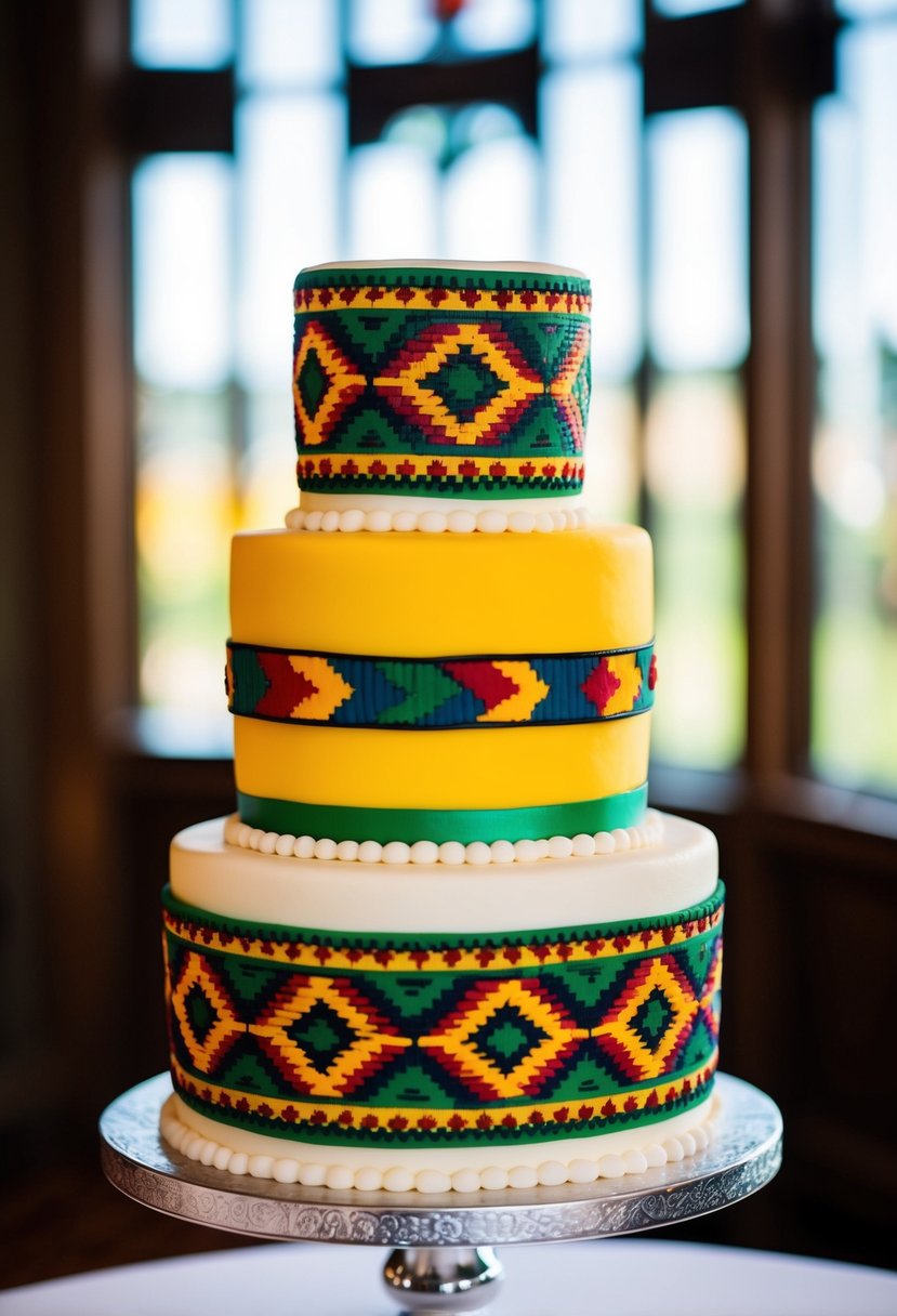 A three-tiered cake adorned with traditional Zimbabwean patterns in vibrant colors, featuring geometric shapes and intricate designs