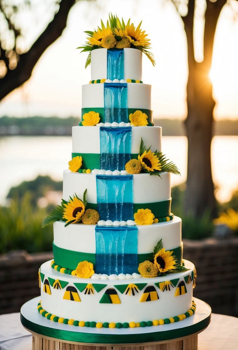 A multi-tiered wedding cake with a Zambezi River waterfall cascading down the layers, adorned with Zimbabwean themed decorations
