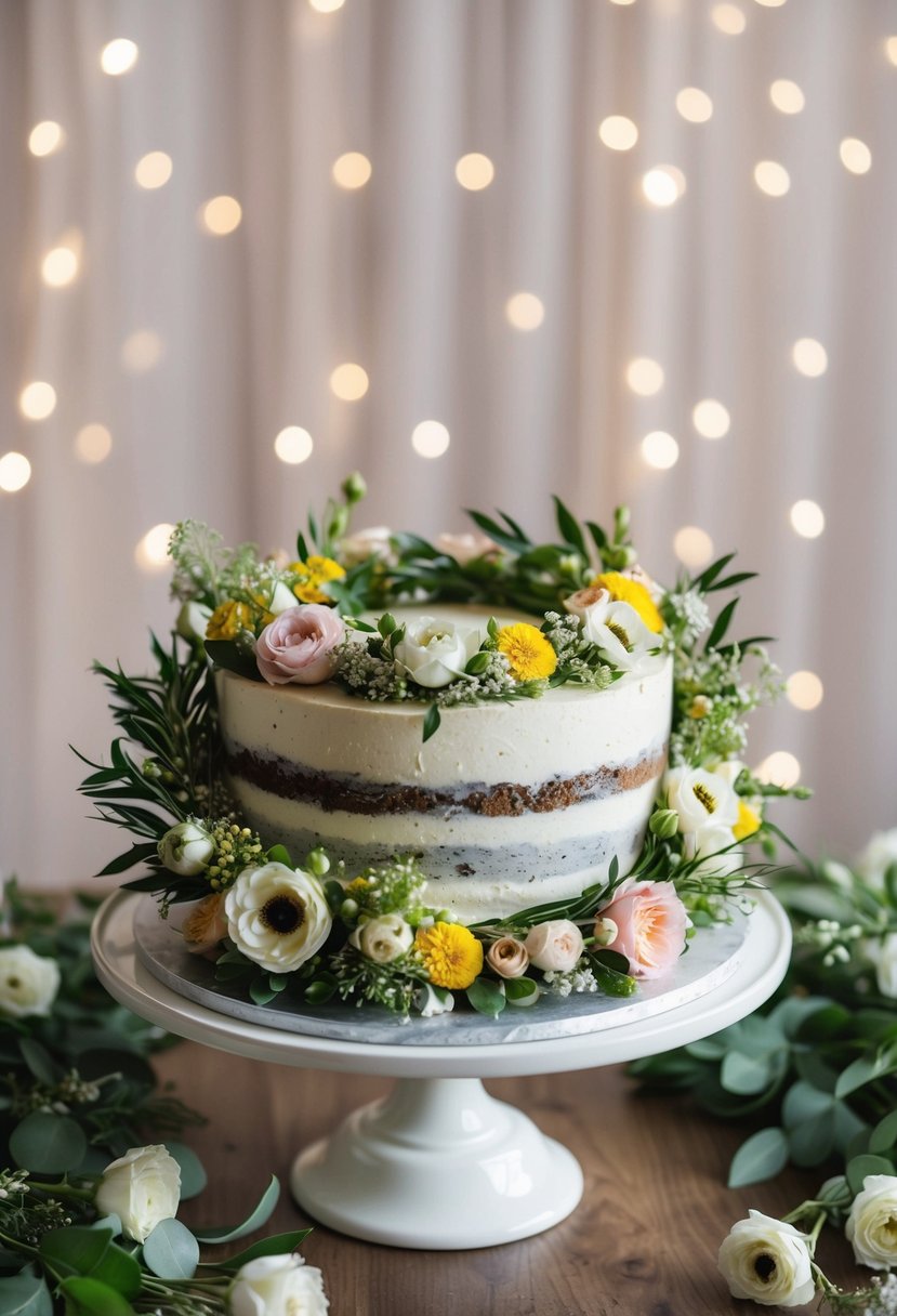 A floral wreath cake adorned with edible flowers and greenery, set against a romantic wedding backdrop