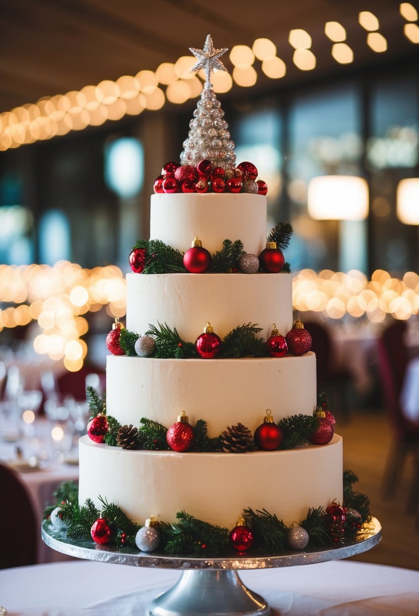 A tiered wedding cake adorned with festive Christmas decorations and a sparkling topper