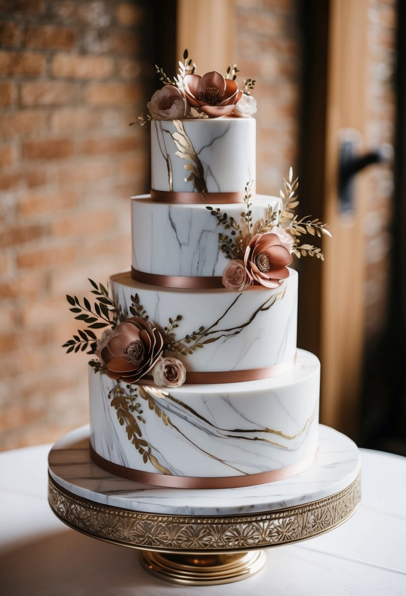 A three-tiered marble fondant cake adorned with intricate floral designs and metallic accents, set on a decorative cake stand