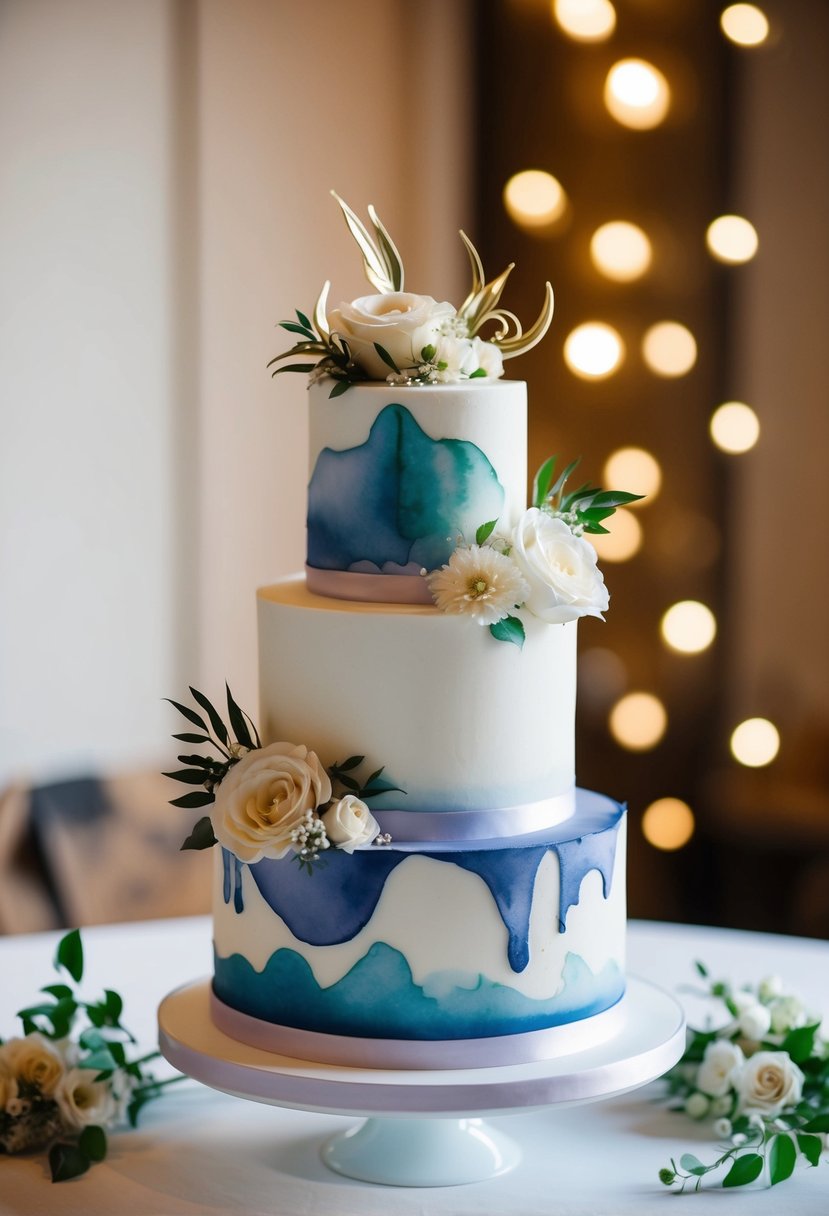 A watercolor buttercream wedding cake adorned with unique and creative designs