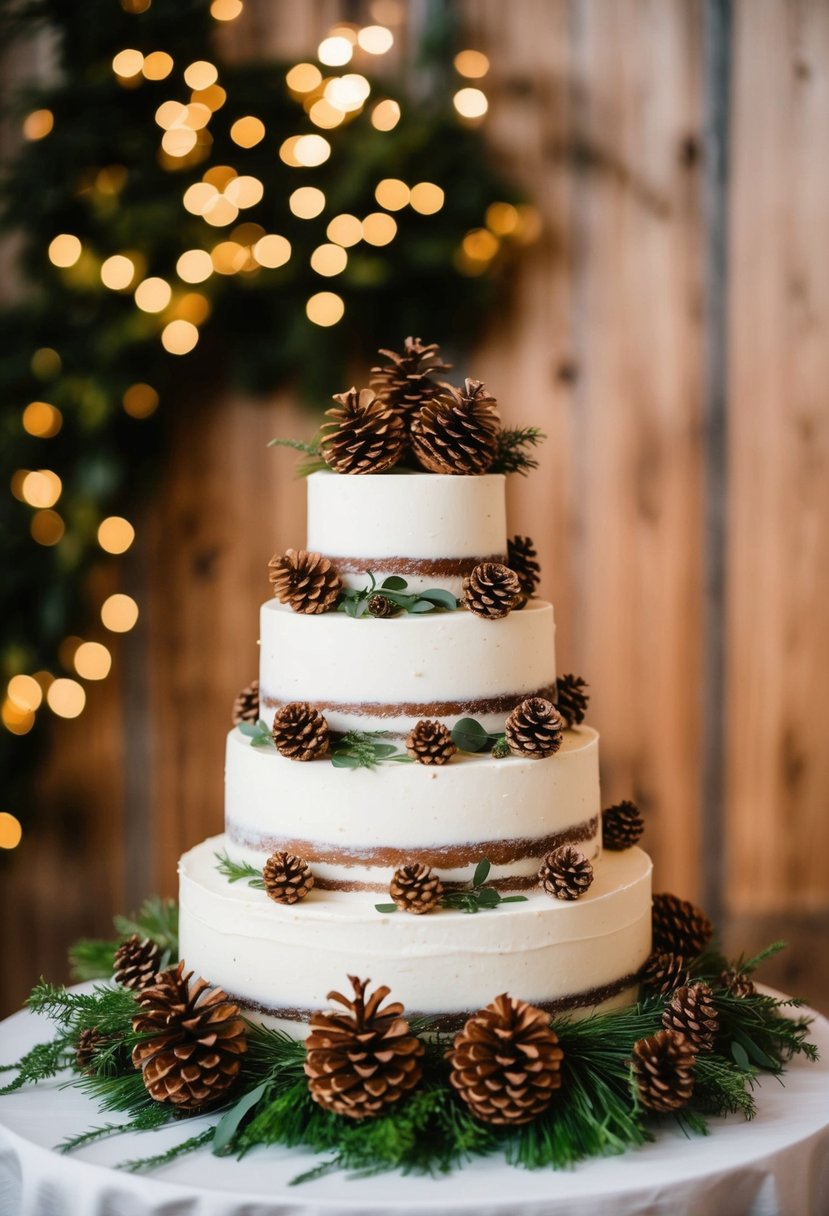 A tiered wedding cake adorned with rustic pinecones and greenery