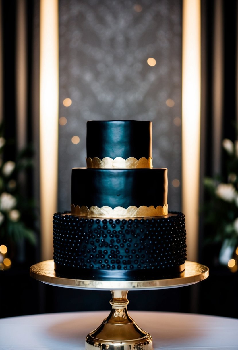 A black wedding cake adorned with gold foil, set against a dramatic, elegant backdrop