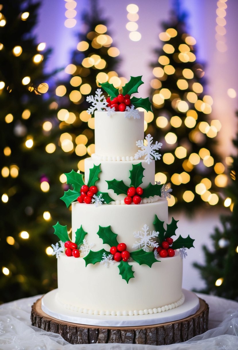 A festive wedding cake adorned with holly berries, snowflakes, and mistletoe, set against a backdrop of twinkling lights and a winter wonderland