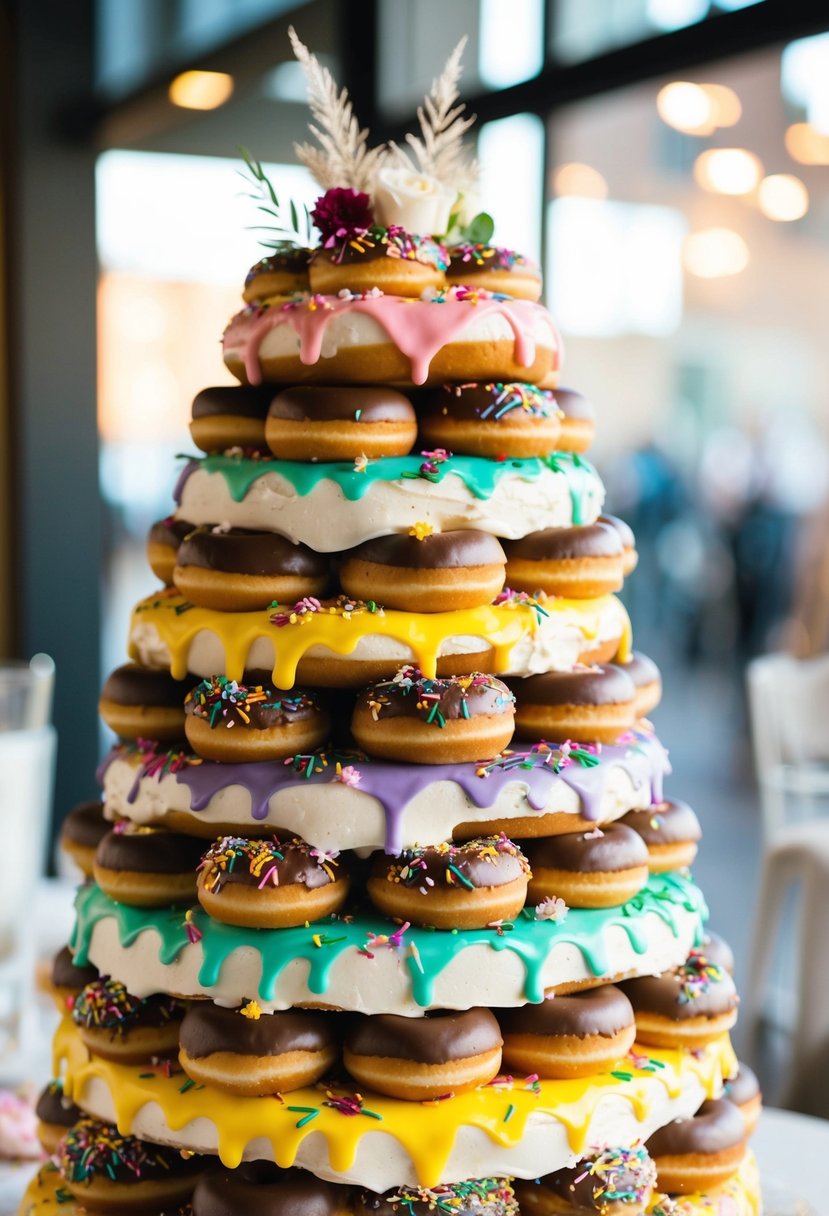 A towering wedding cake made of stacked donuts with colorful icing and decorative toppings