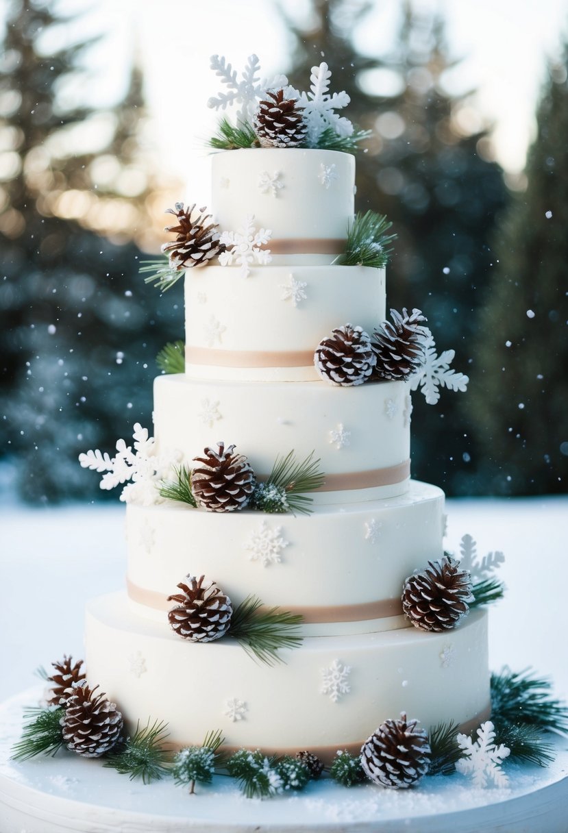 A tiered wedding cake covered in white fondant, adorned with delicate snowflakes, pinecones, and frosted pine branches, set against a snowy backdrop