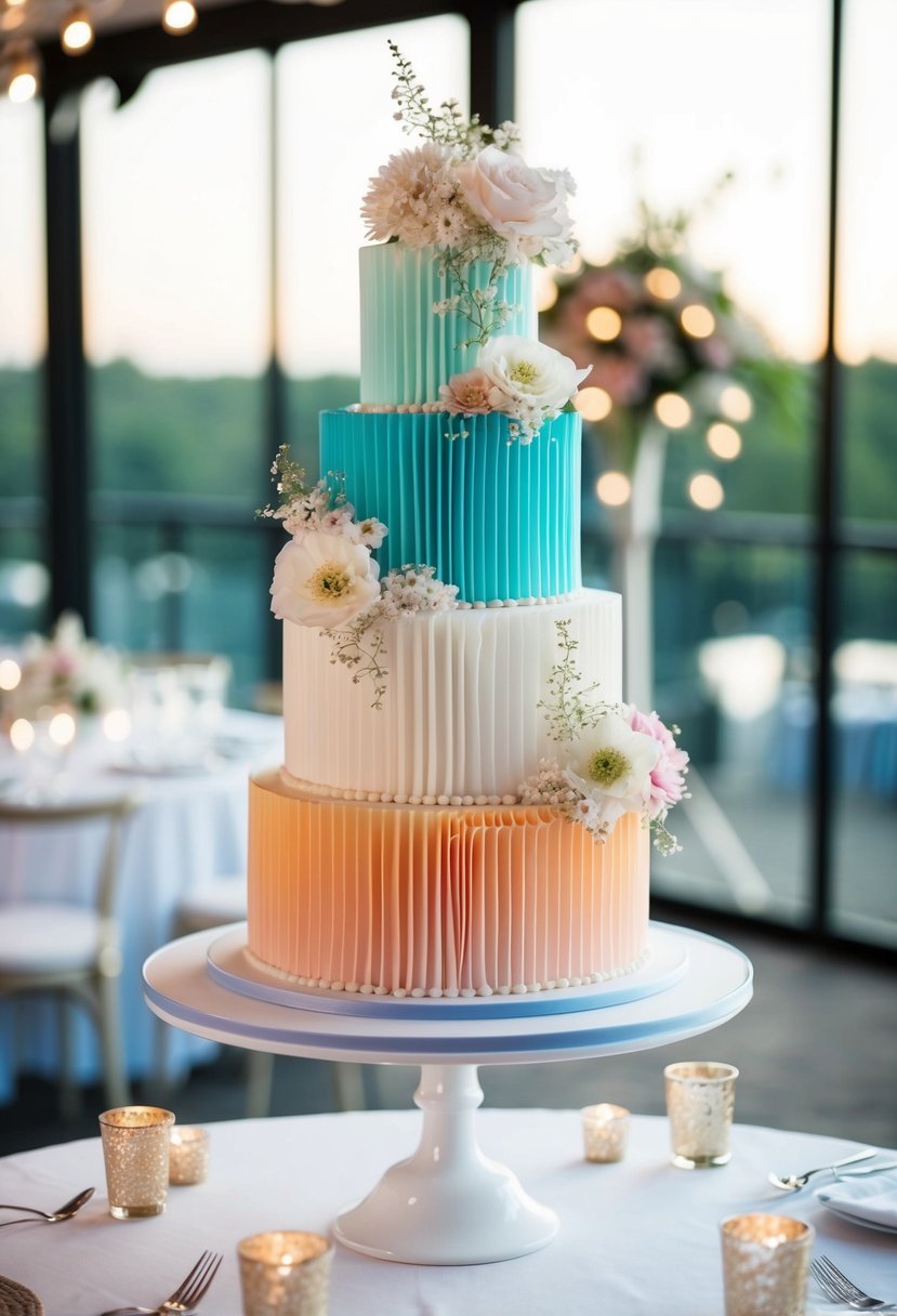 A tall, ruffled ombre cake stands on a table, adorned with delicate flowers and intricate designs, creating a unique and creative wedding centerpiece