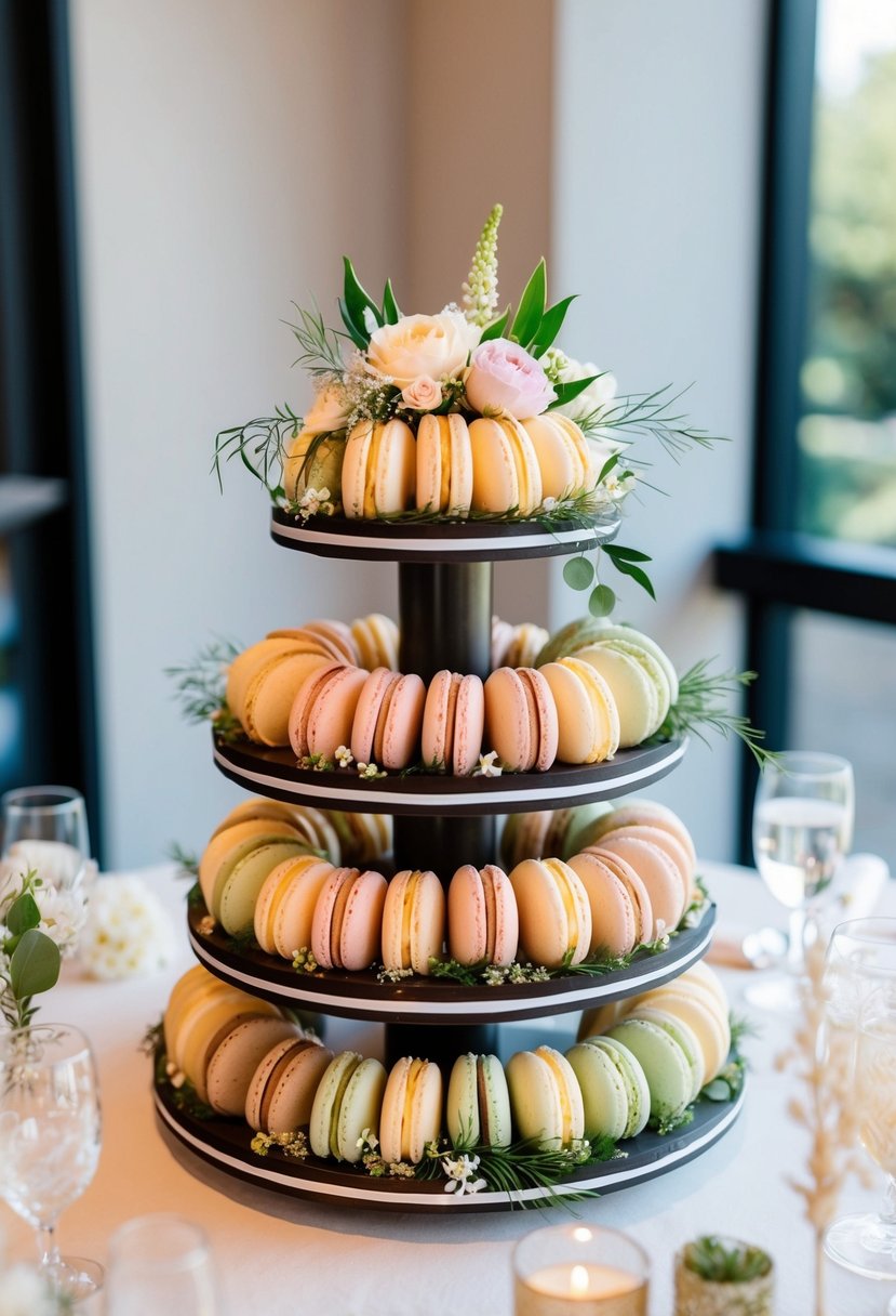 A tiered macaron cake stands adorned with delicate flowers and greenery, creating a unique and creative wedding centerpiece