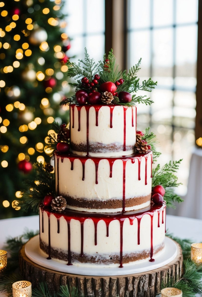 A three-tiered wedding cake with cranberry drizzle, adorned with festive holiday decorations
