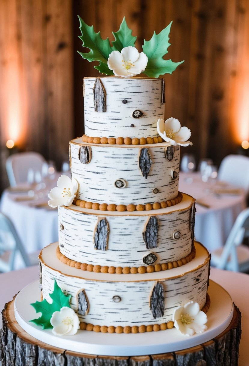 A three-tiered wedding cake with rustic birch tree bark design, adorned with delicate fondant leaves and edible flowers
