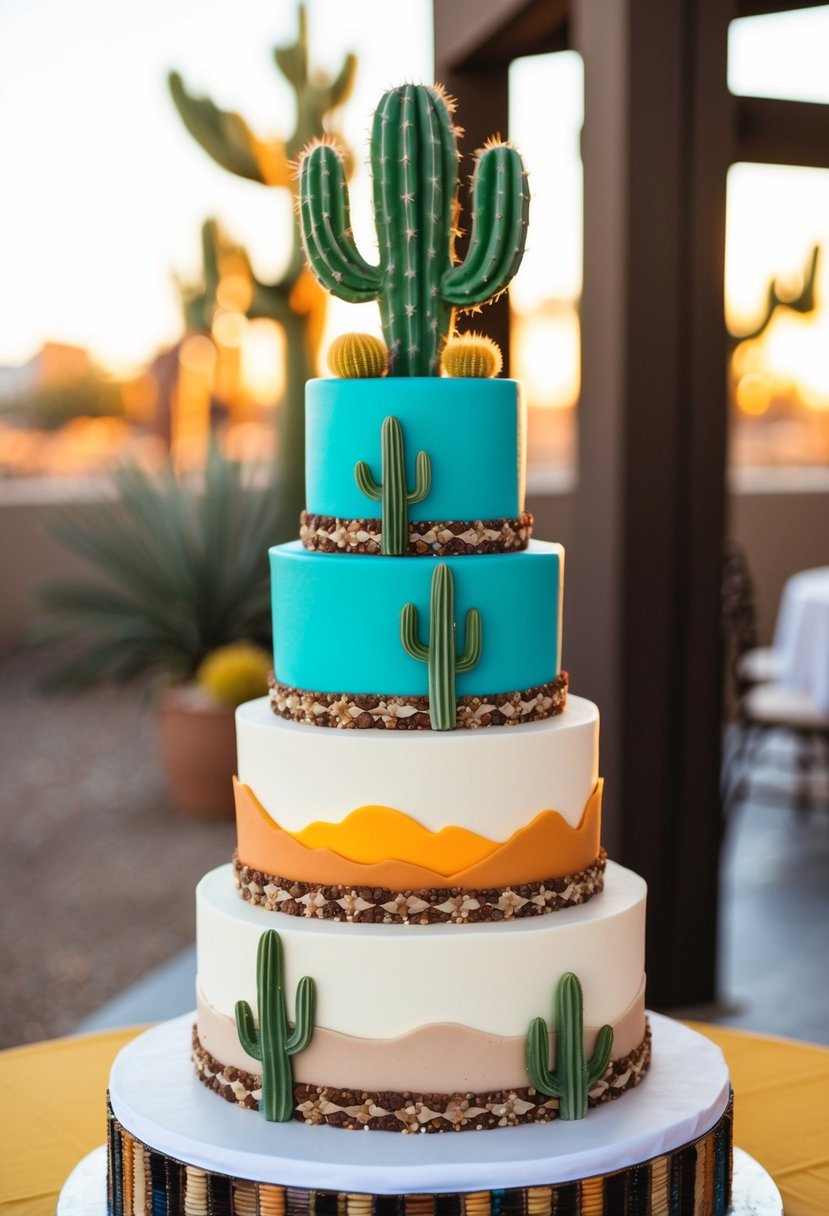 A multi-tiered wedding cake adorned with realistic cactus-shaped decorations and desert-inspired colors