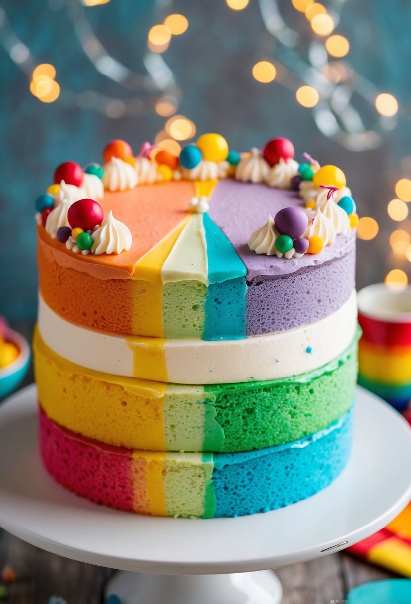 A whimsical rainbow cake with colorful layers and playful decorations