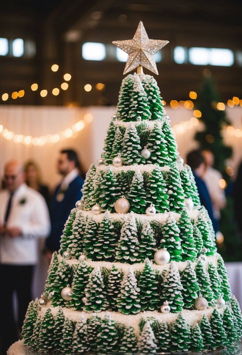 A towering Christmas wedding cake made of frosted fir trees, adorned with sparkling ornaments and a glistening star on top