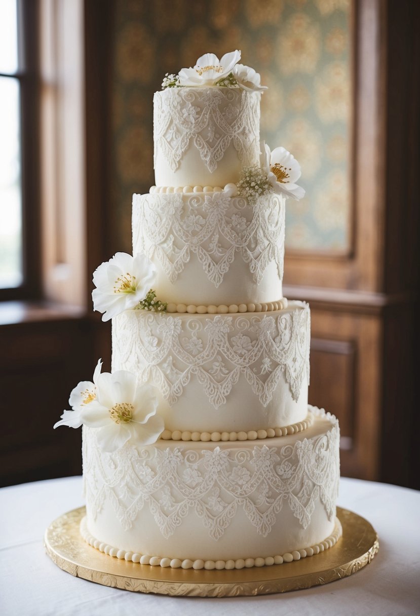 A three-tiered vintage lace wedding cake adorned with delicate sugar flowers and intricate lace patterns