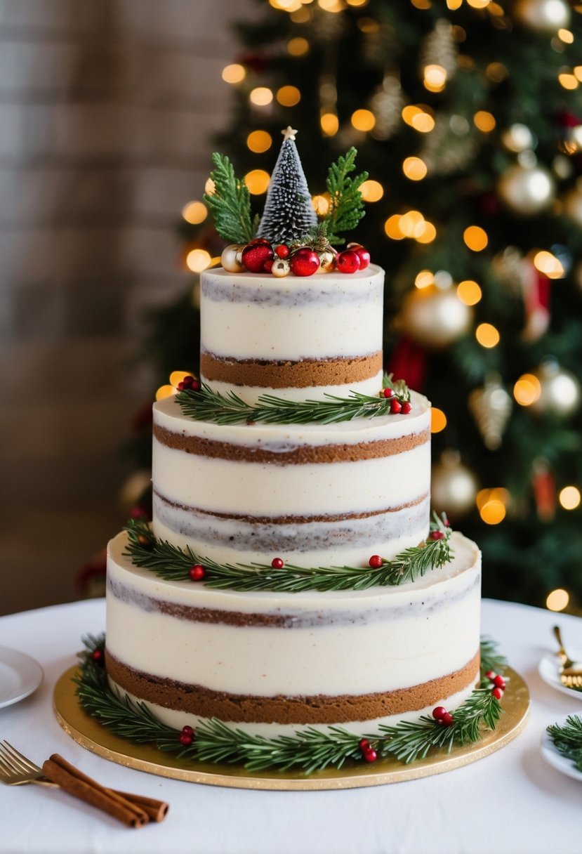 A three-tiered wedding cake with layers of cinnamon spice, adorned with festive holiday decorations