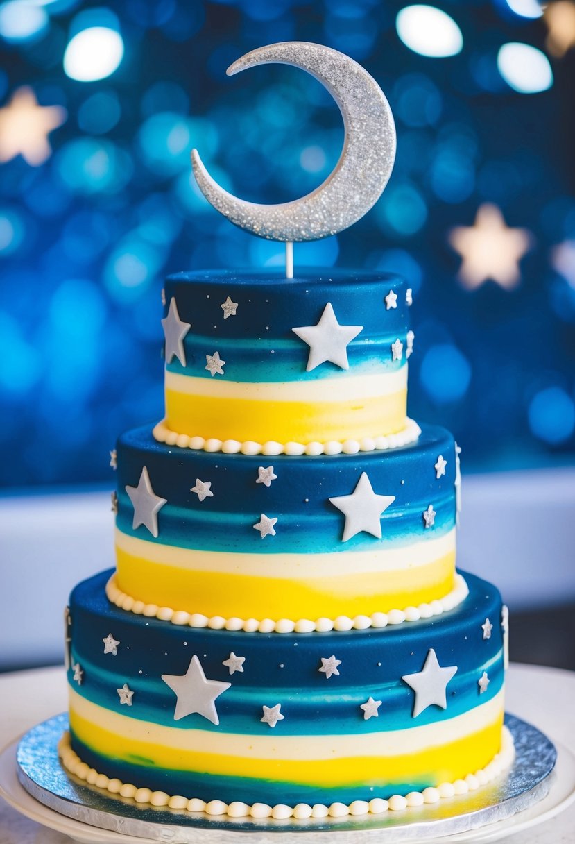 A tiered wedding cake with a Starry Night theme, featuring swirling blue and yellow icing, silver stars, and a crescent moon topper