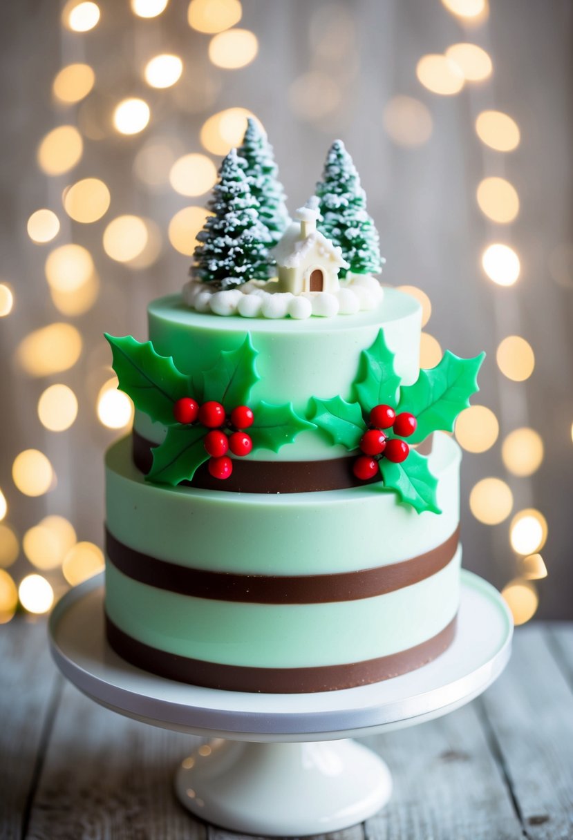 A festive wedding cake with mint chocolate layers, adorned with marzipan holly leaves and red berries, topped with a miniature winter wonderland scene