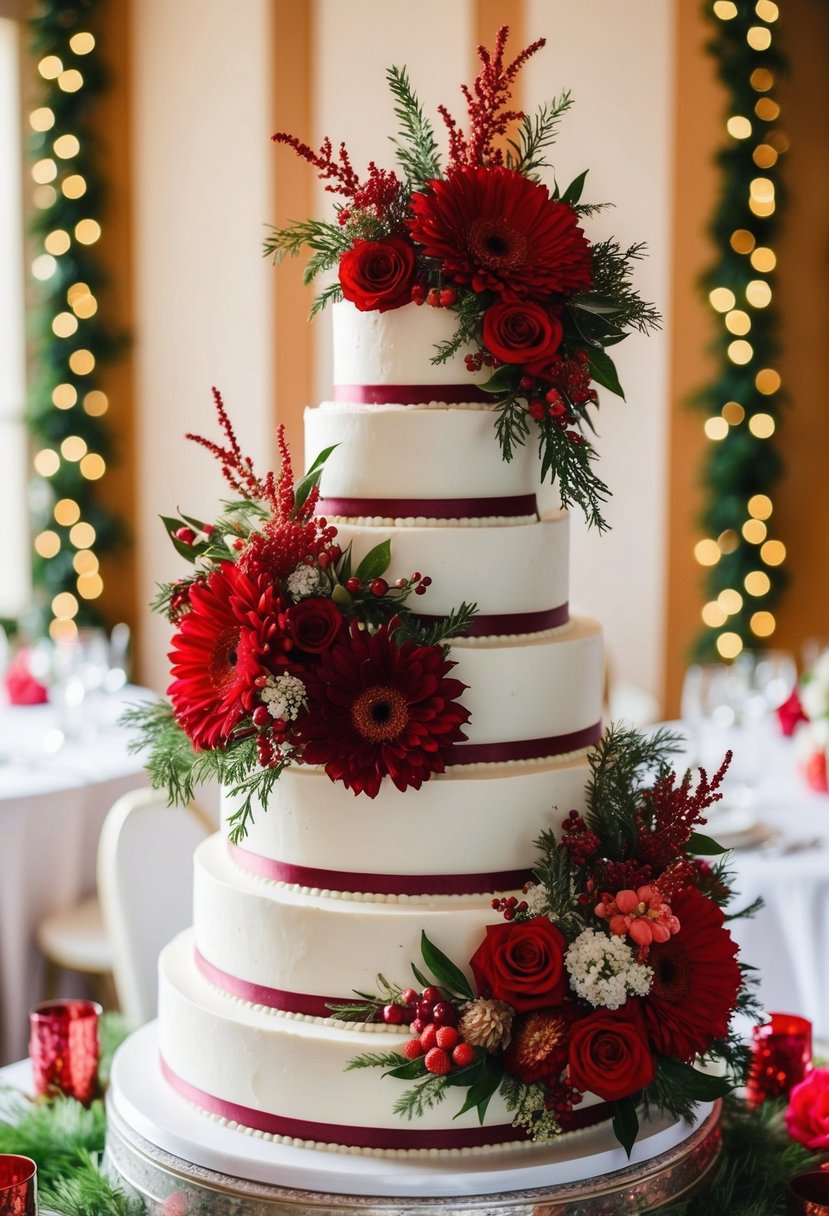 A tiered wedding cake adorned with vibrant floral arrangements and festive holiday accents