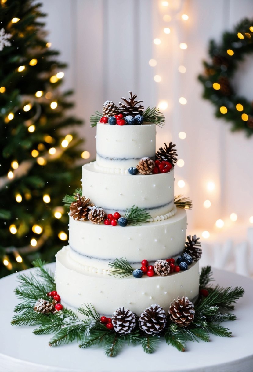 A three-tiered wedding cake adorned with winterberries, pinecones, and snowflakes, set against a snowy backdrop with twinkling lights and a festive wreath