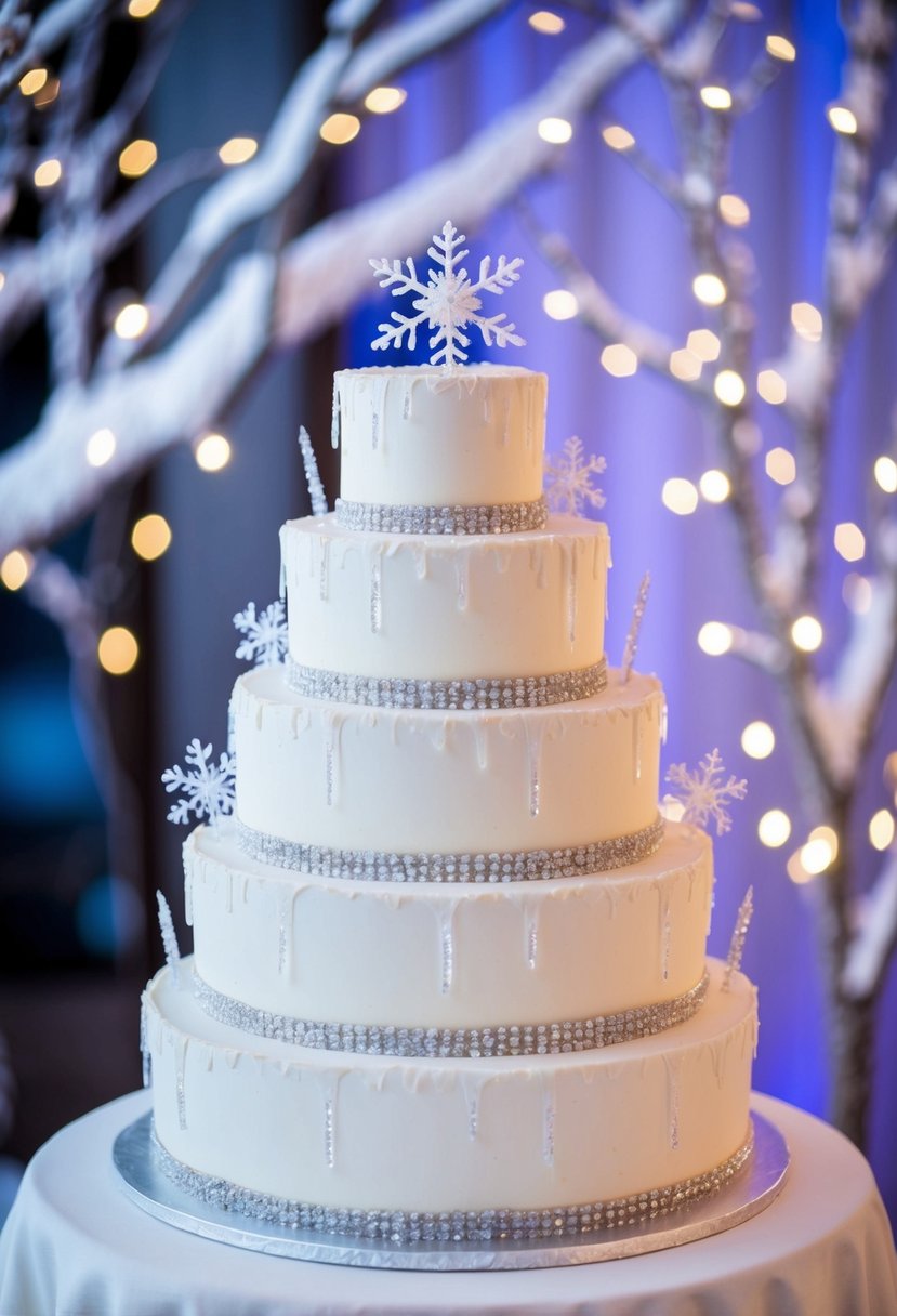 A tiered wedding cake adorned with delicate icicles and shimmering snowflakes, set against a backdrop of twinkling lights and snowy branches