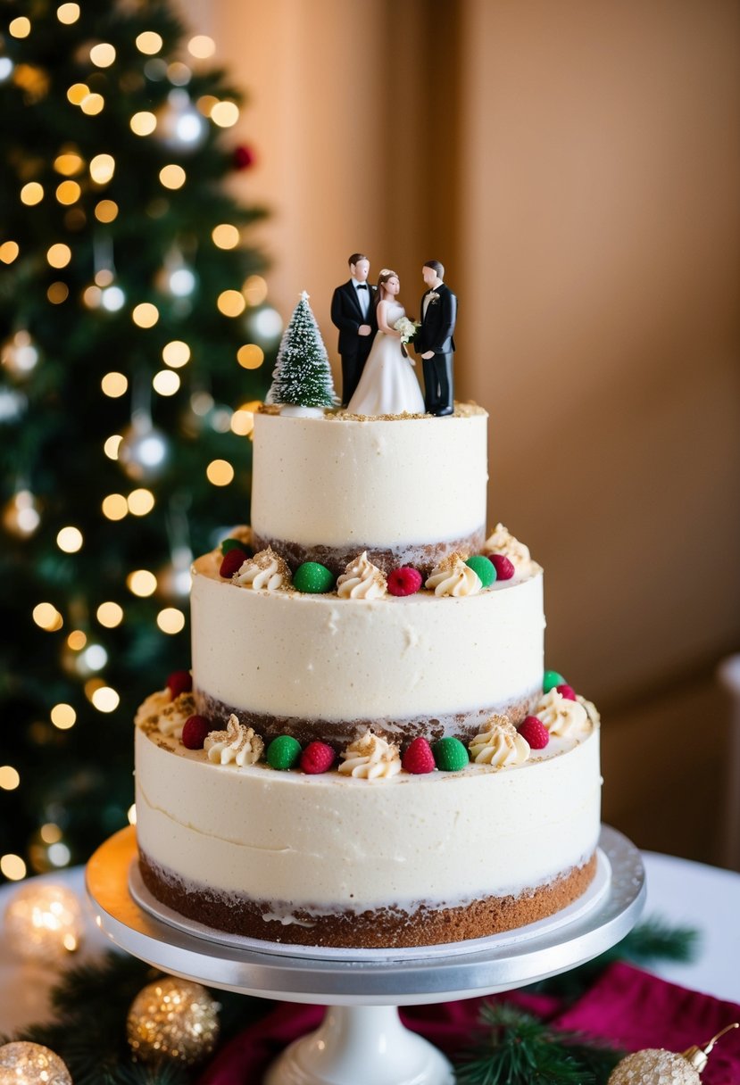 A three-tiered wedding cake adorned with nutmeg and eggnog-infused frosting, topped with festive holiday decorations and a miniature bride and groom figurine