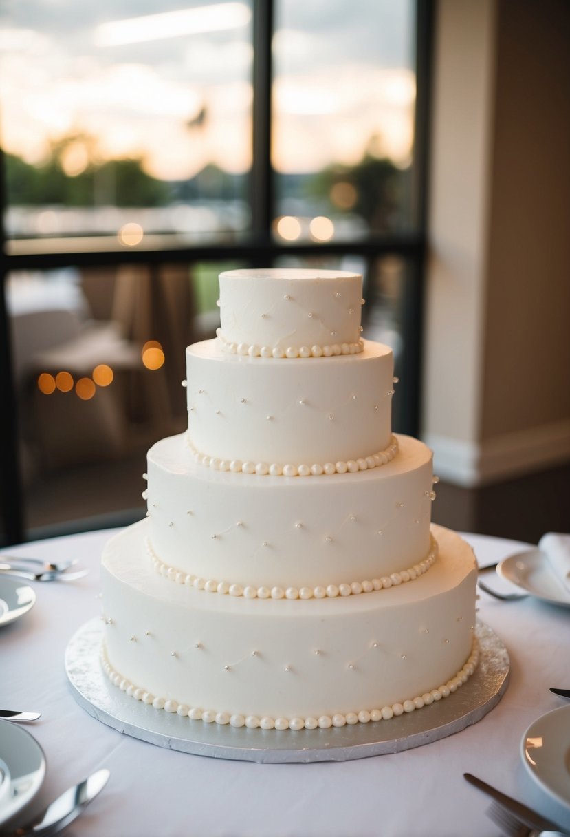 A white 1-tier wedding cake adorned with delicate pearls