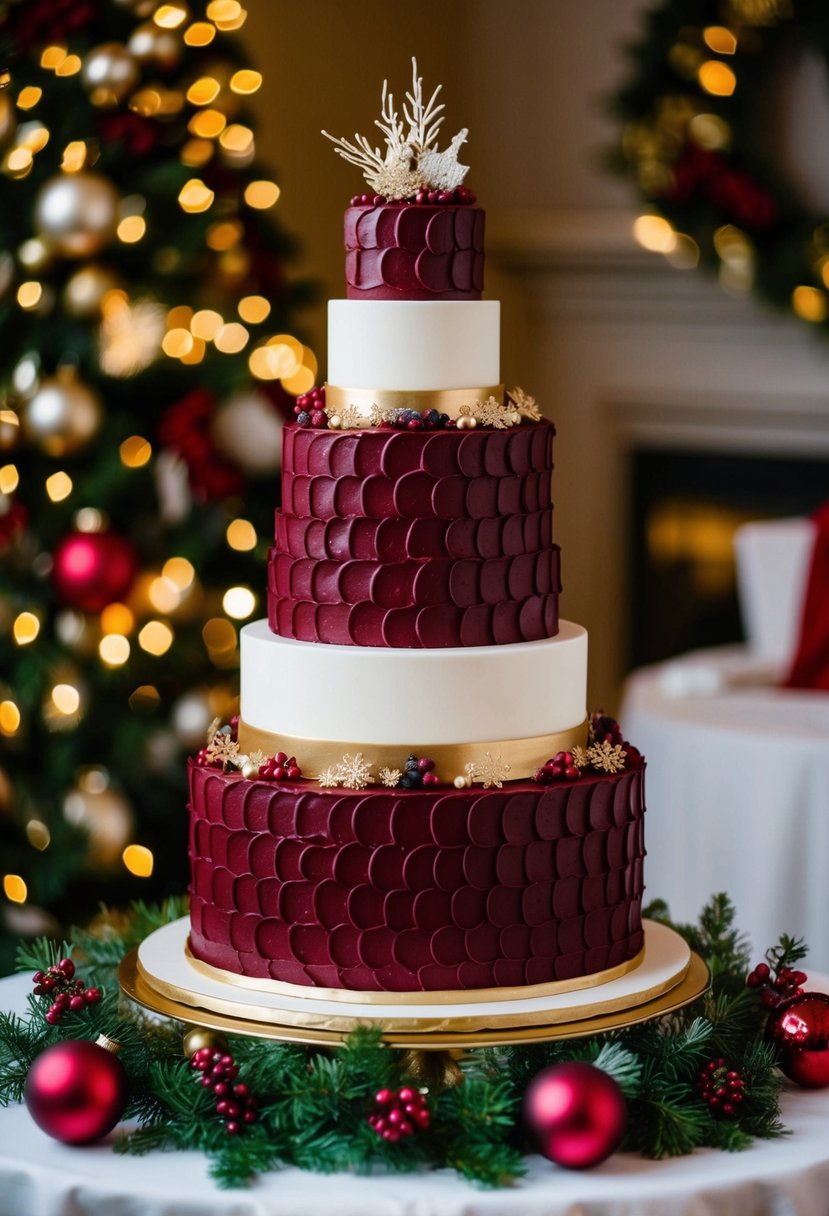 A grand tiered wedding cake adorned with rich red mulled wine-colored frosting and elegant gold accents, surrounded by festive holiday decor