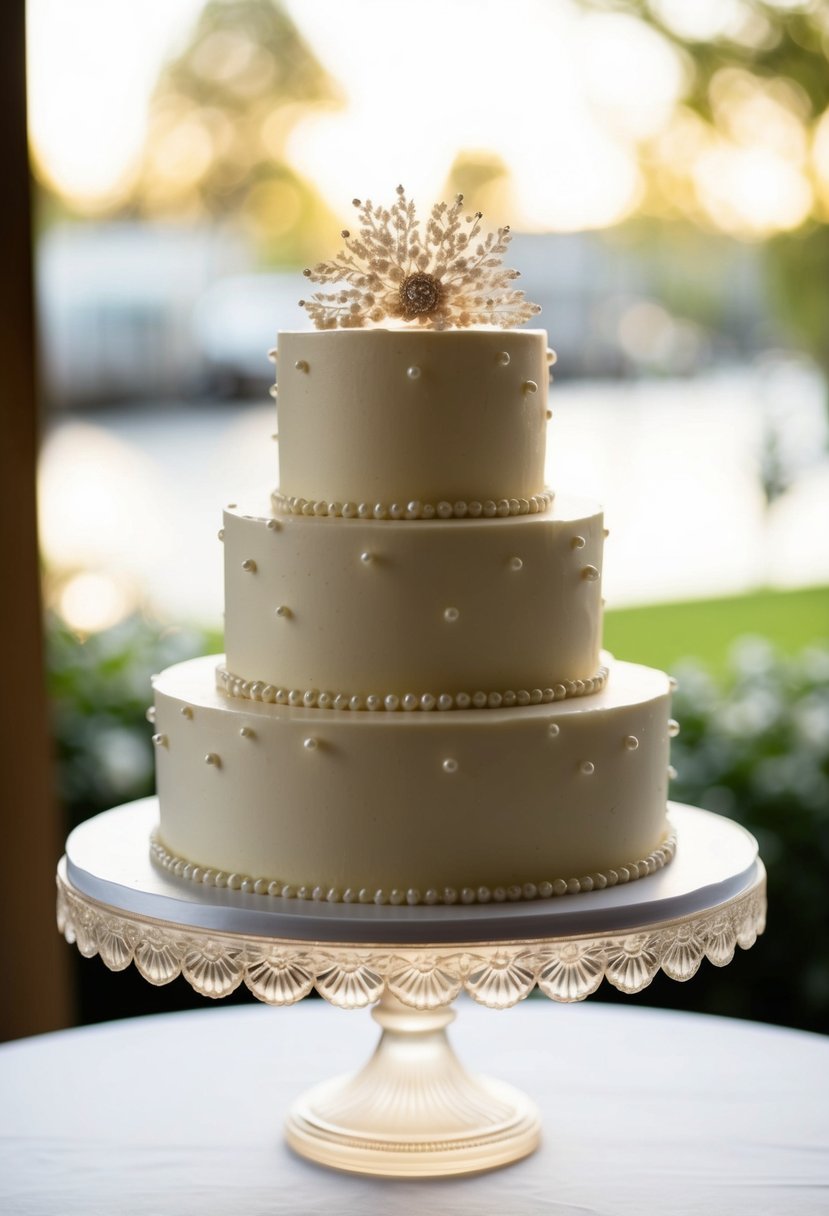 A single-tier wedding cake adorned with vintage pearl decorations, set on a delicate cake stand