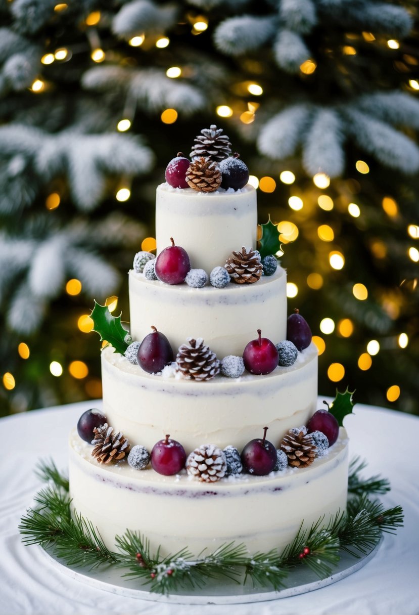 A three-tiered wedding cake adorned with sugared plums, pinecones, and holly, set against a backdrop of twinkling fairy lights and snow-dusted evergreen branches