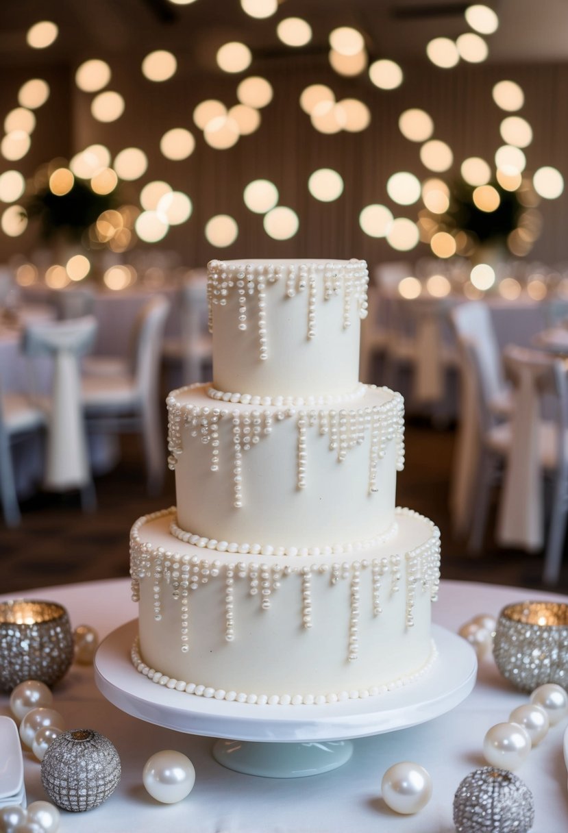 A single-tier wedding cake adorned with modern pearl drip design, surrounded by elegant pearl accents and decorative elements