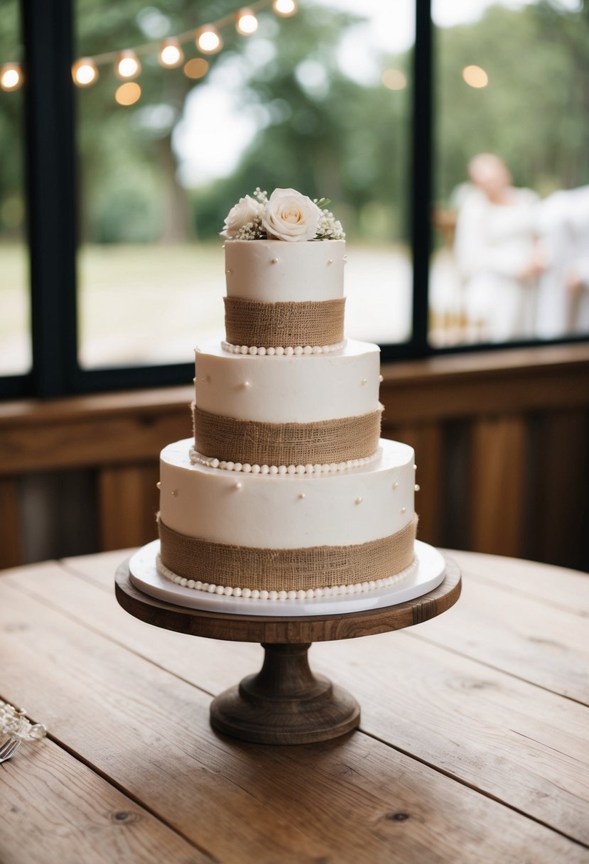 A rustic, one-tier wedding cake sits on a wooden table, adorned with delicate pearls and wrapped in burlap ribbon