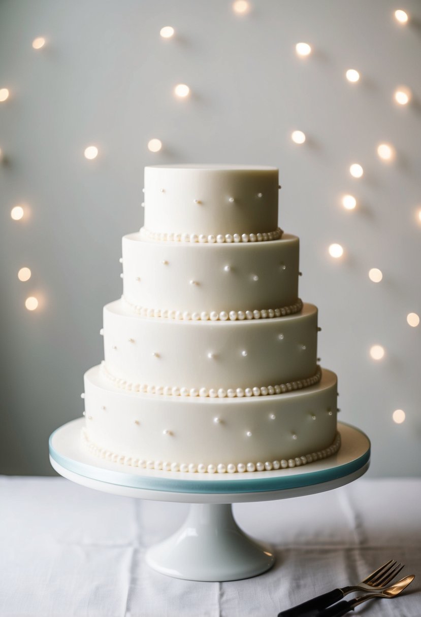 A single-tier wedding cake adorned with delicate pearls on a simple white background