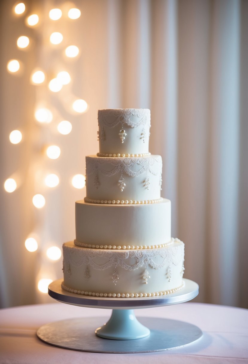 A single-tier wedding cake adorned with delicate lace and pearls, set against a backdrop of soft, romantic lighting