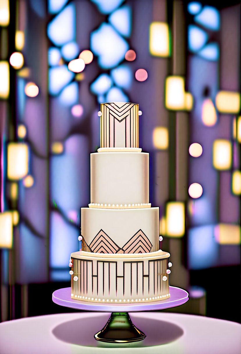 A 1-tier wedding cake with Art Deco-inspired design, adorned with pearls and geometric patterns