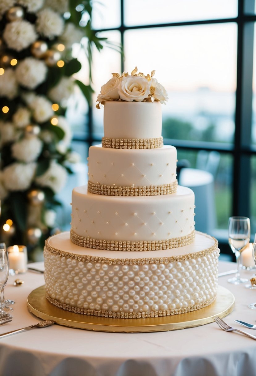 A lavish one-tier wedding cake adorned with pearls and gold accents, exuding glamour and elegance