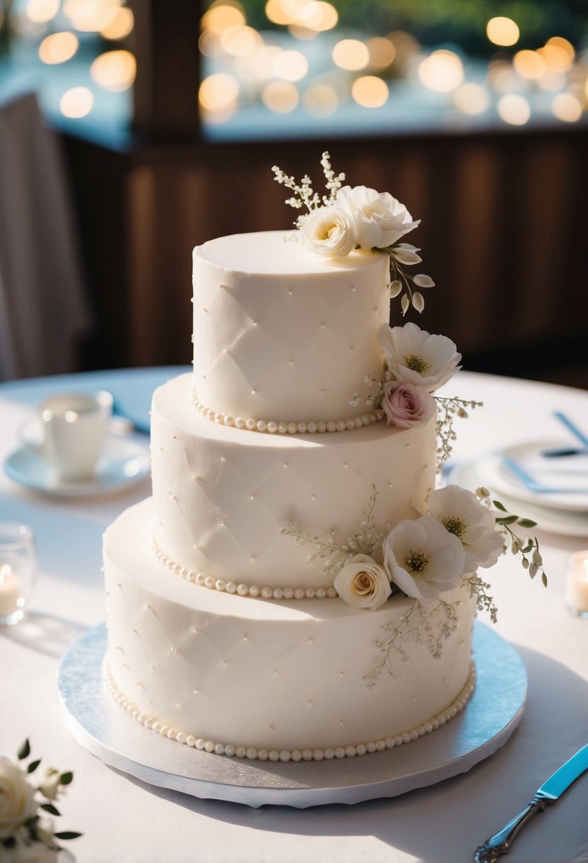 A single-tier wedding cake adorned with delicate pearls and intricate floral designs