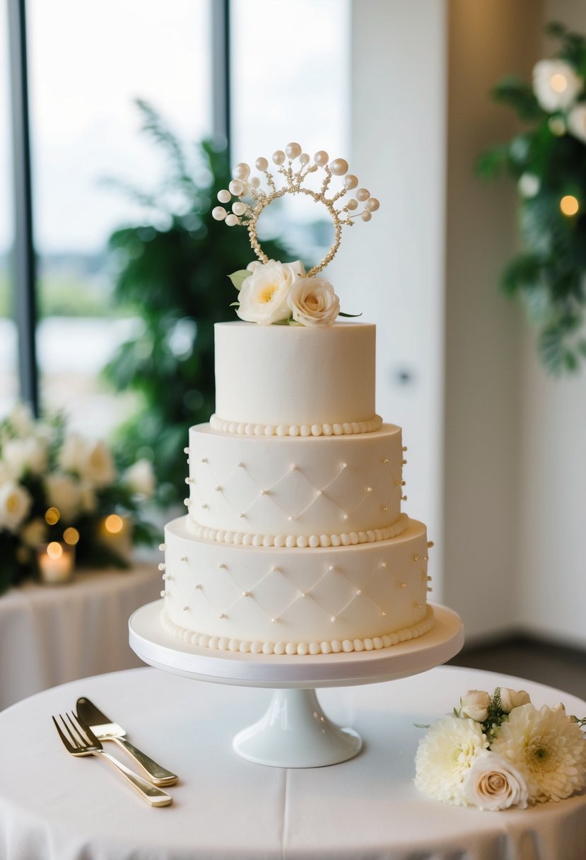 A single-tier wedding cake adorned with boho-chic pearl details and elegant design