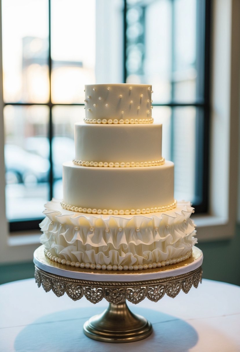 A single-tier wedding cake adorned with delicate pearls and ruffles, set on a decorative stand