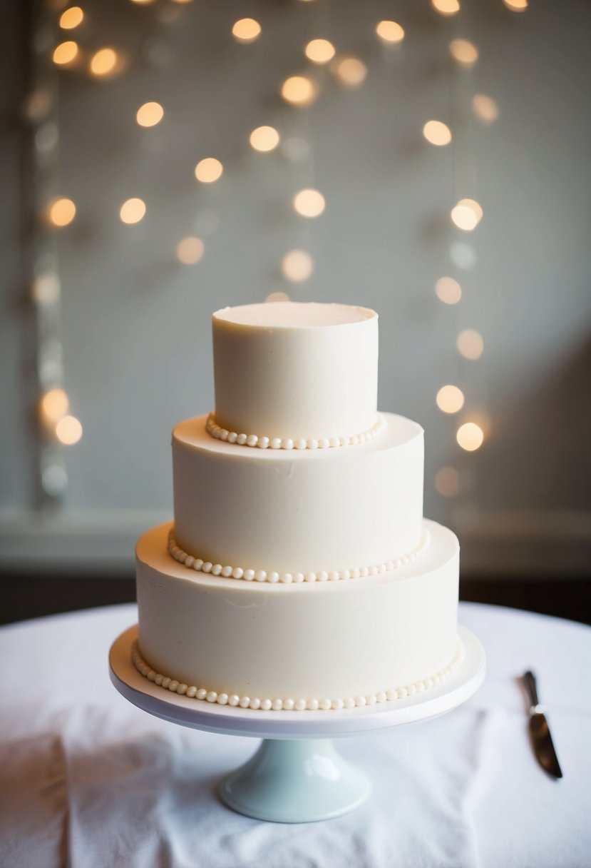 A simple, white 1 tier wedding cake adorned with delicate pearls, exuding understated elegance