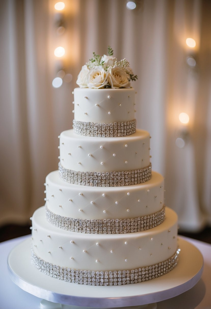 A single-tier wedding cake adorned with pearls and crystals, exuding elegance and grandeur