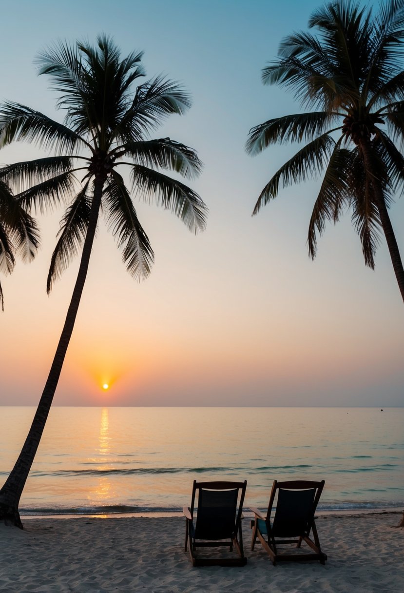 A serene beach at sunset with palm trees, a couple of beach chairs, and a calm ocean, representing a romantic honeymoon destination in India