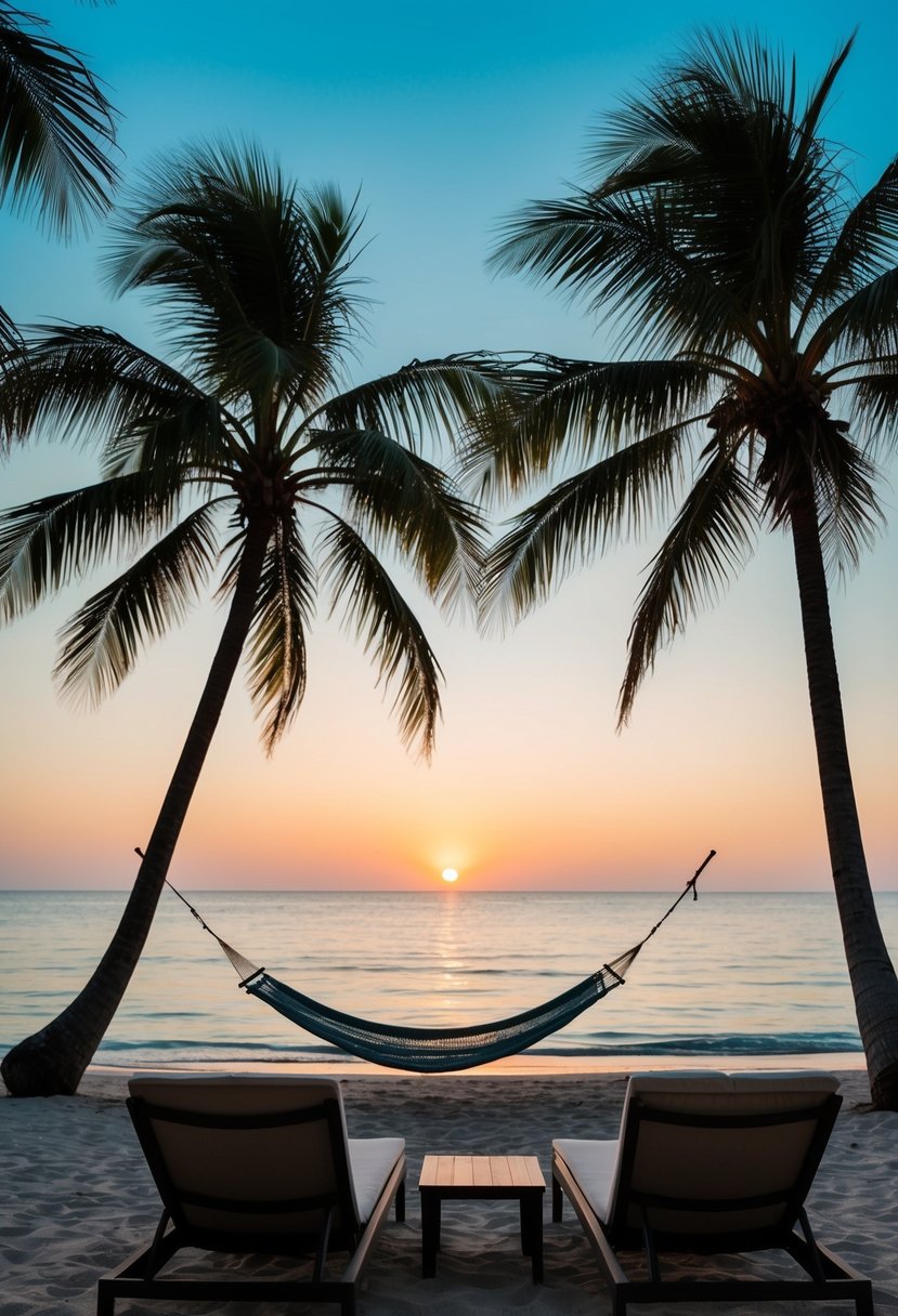 A tranquil beach at sunset, with palm trees, a hammock, and a couple of lounge chairs facing the ocean