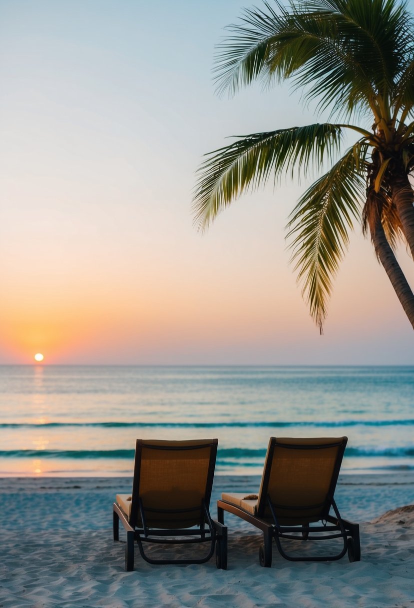 A serene beach at sunset, with palm trees and a couple of lounge chairs facing the ocean