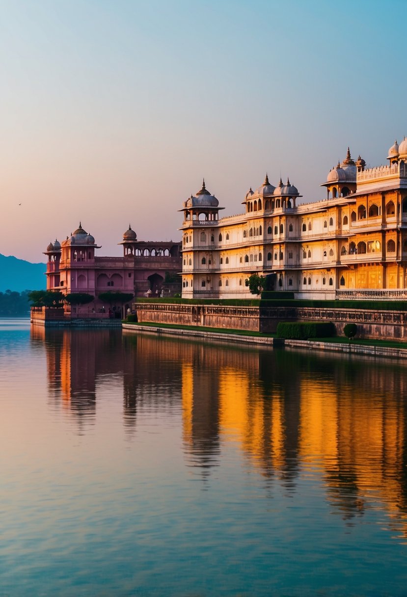 The grand City Palace in Udaipur, India, overlooks the serene Lake Pichola, with its intricate architecture and vibrant colors reflecting in the calm waters