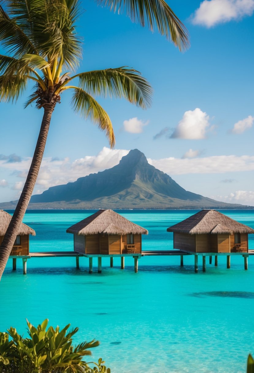 Turquoise lagoon with overwater bungalows, palm trees, and Mount Otemanu in the background