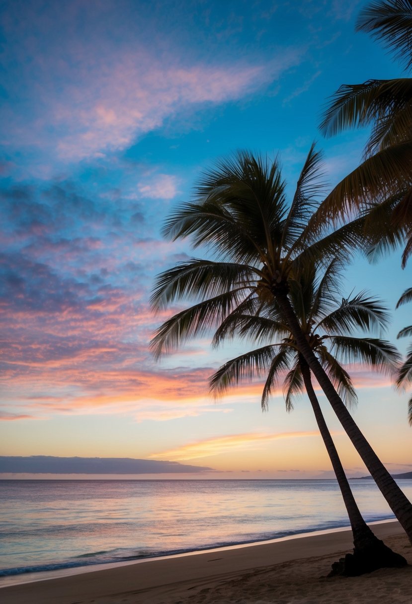 A serene beach at sunset with palm trees, clear blue water, and a colorful sky in Maui, Hawaii